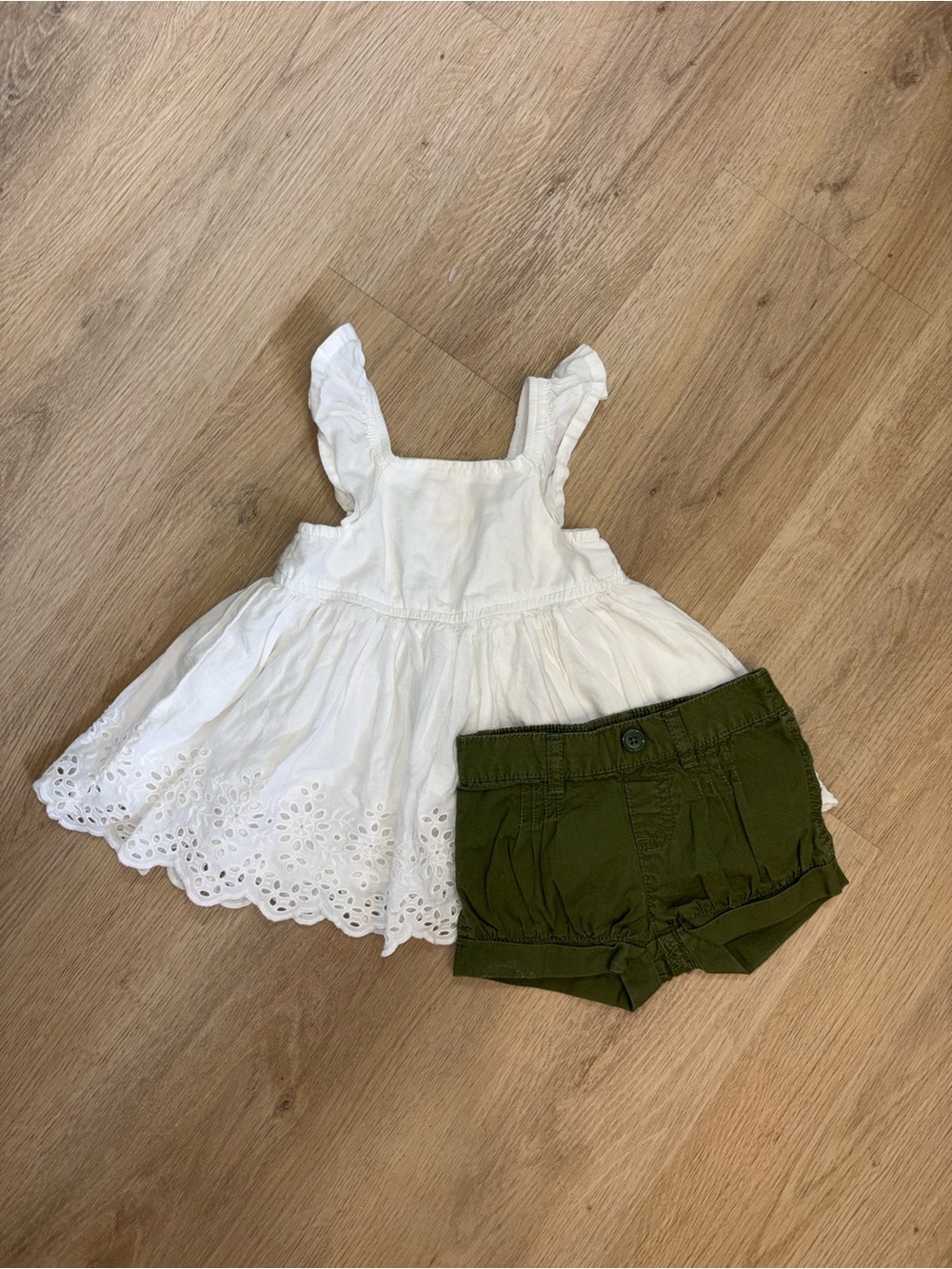 Joe Fresh White Eyelet Dress with Olive Green Shorts